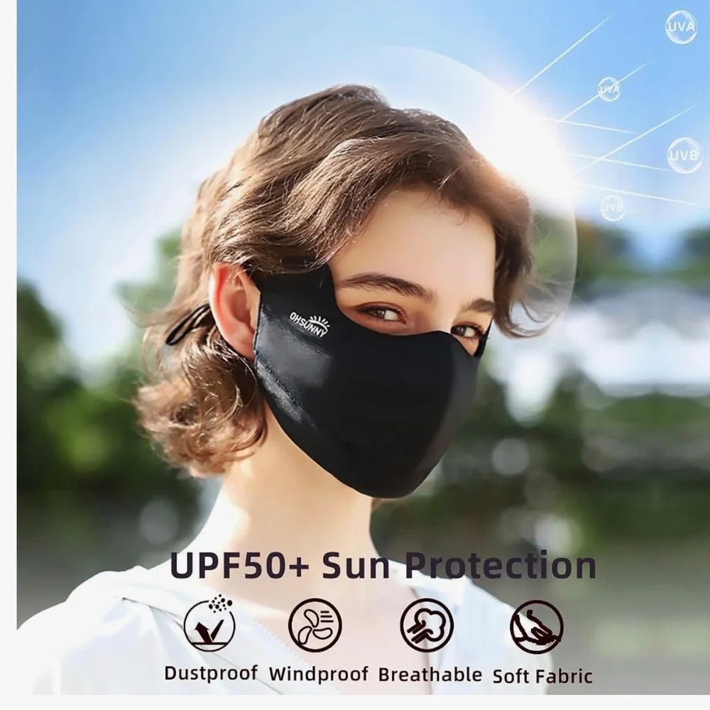 OHSUNNY UPF50+ Sun Protection Face Mask Black Cooling Fabric Adjustable Cords